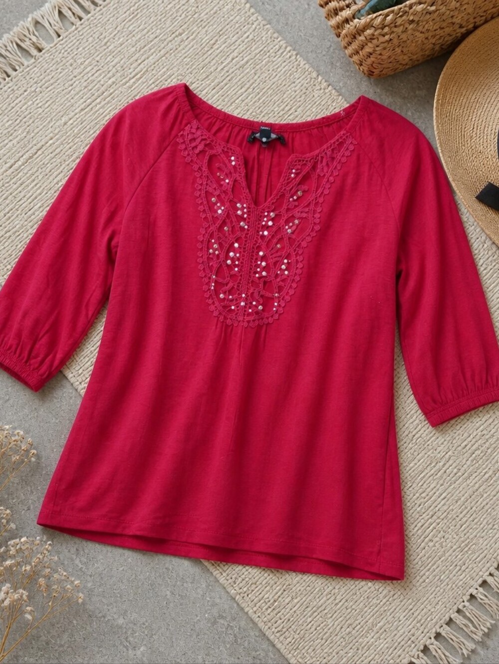 French Laundry. Women’s Embellished Red 3/4 Sleeve Top